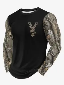 Men's 3D Camo Print Long Sleeve Casual T-Shirt, Top, Breathable Outdoor Deer Hunting Shirt, Realistic Forest Camouflage Design, ////cream