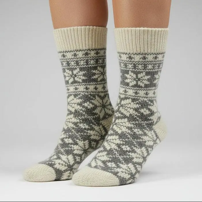 Nordic Snowflake Extra Warm Angora Wool – Scandinavian Fair Isle Knit Socks (Acer)