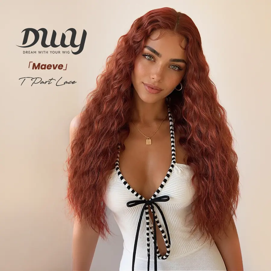 【Clearance sale】Maeve -DWY Lace Front Long Natural Drity Orange Spanish Wave Middle Part Glueless Synthetic Wig for Women 26 Inches Classic Style