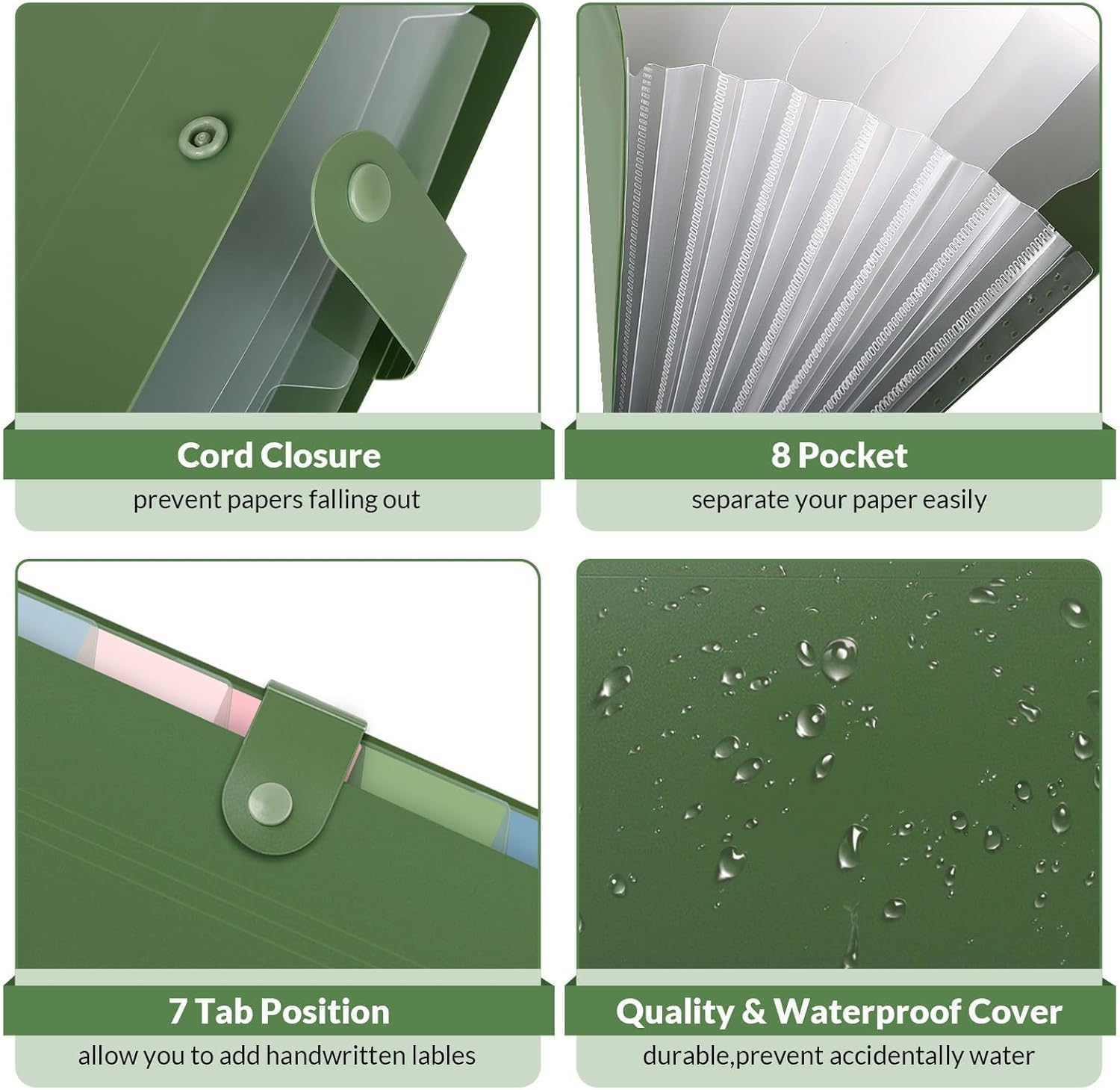 Expanding File Folders with 8 Pockets, Accordion File Organizer with Labels, Portable Paper Bill Receipt Organizer, Letter Size, Home School Office Supplies, Olive Green