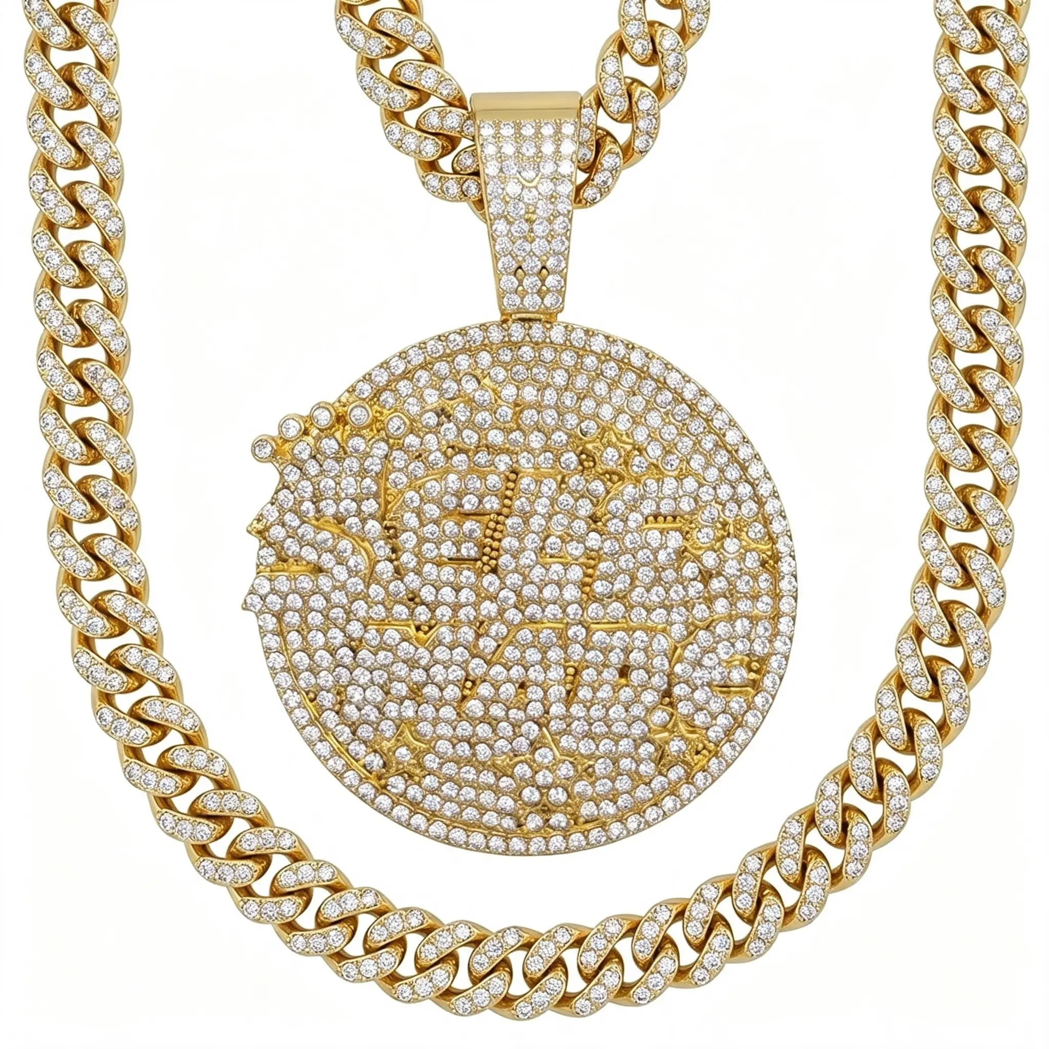 Iced Out Bubble Cuban Link Chain for Men, 14K Gold Plated Large Round Diamond Medallion Pendant, Hip Hop Streetwear Jewelry, Gift Ready Luxury Necklace Box
