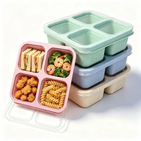 4-Pack Reusable Wheat Straw Bento Boxes with Lids, 4-Compartment Food Storage Trays, Portable Tableware for School, Office