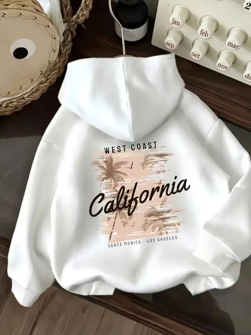 West Coast California Santa Monica Palm Tree Back Print Fleece Hoodie, Vintage Coastal Beach Pullover Hooded Sweatshirt, Daily Holiday Gift