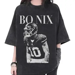 Unisex Bo Nix Graphic Bleached T-shirt, Vintage Denver Retro 90s Football shirt, Cowboy Autograph Shirt, Sport 100% Cotton Shirt, Game Day Apparel