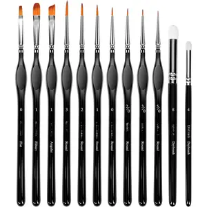 12 count Miniature  Brushes Set - 10 Fine Detail Brushes & 2 Dry Brushes for Acrylics, Watercolor, Figurines Model Painting,  Painting & Piant by Number Kit for Adults |  Wooden Handles