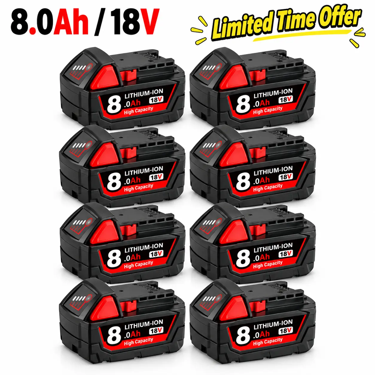 8.0Ah 18V Replacement Battery Compatible with Milwaukee M18 Cordless Tools - Upgraded High-Capacity Lithium-Ion Battery Pack for 48-11-1850 48-11-1865 48-11-1880 (2/4/6/8-Pack)