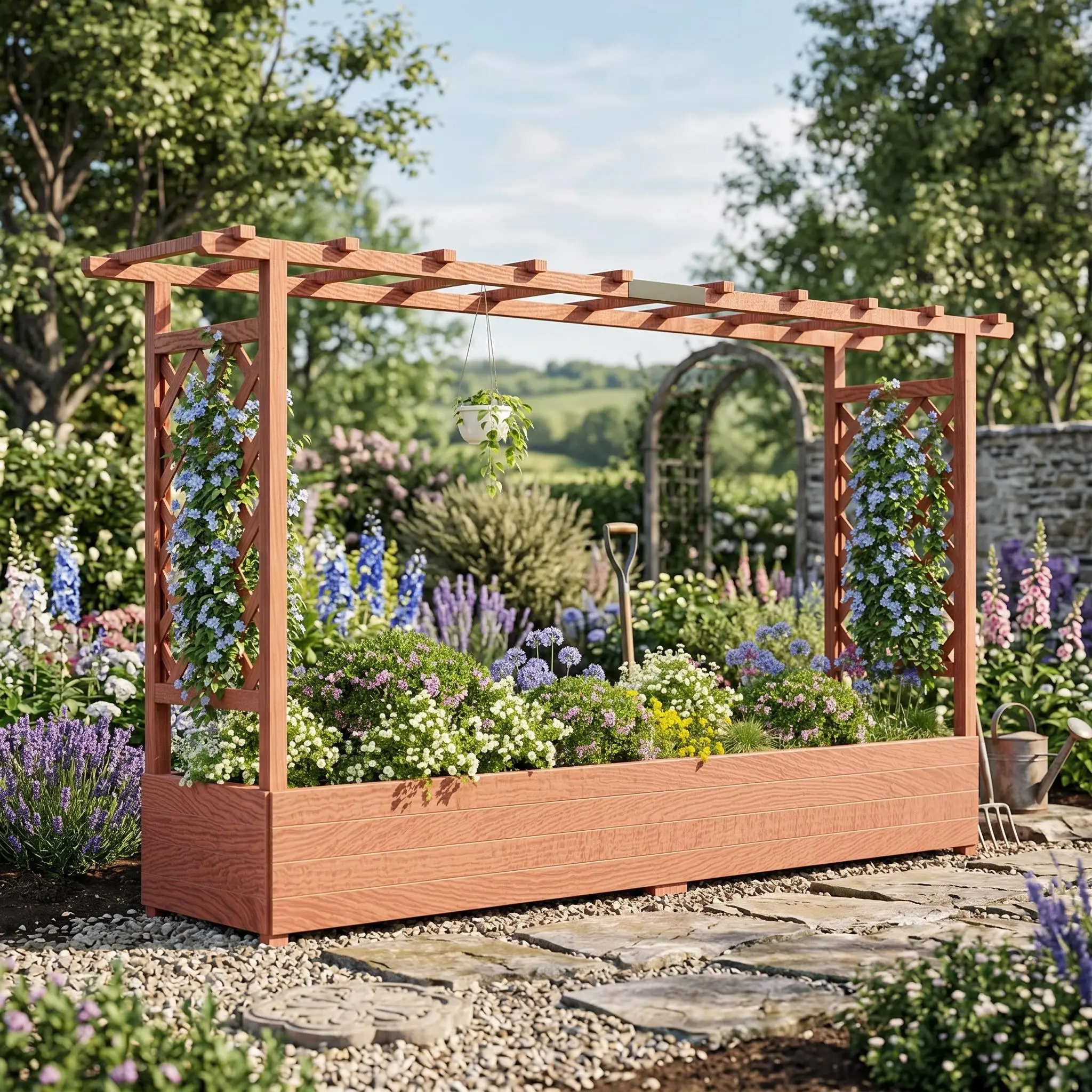 Garvee Elevated Wooden Raised Garden Bed with Trellis & Canopy – Freestanding Outdoor Planter Box – Side Supports & Drainage Holes – Ideal for Climbing Plants, Vines, Flowers