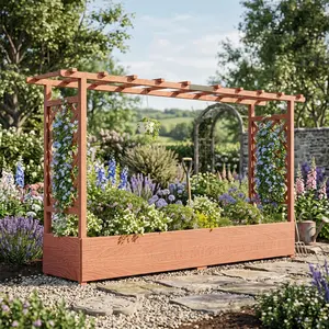 Garvee Elevated Wooden Raised Garden Bed with Trellis & Canopy – Freestanding Outdoor Planter Box – Side Supports & Drainage Holes – Ideal for Climbing Plants, Vines, Flowers