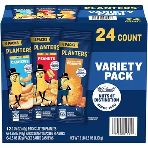 Planters Variety Pack Cashews & Peanuts, 24 Pack, Roasted & Salted Nut Snack Mix, Individually Wrapped, Protein Snack for On-the-Go