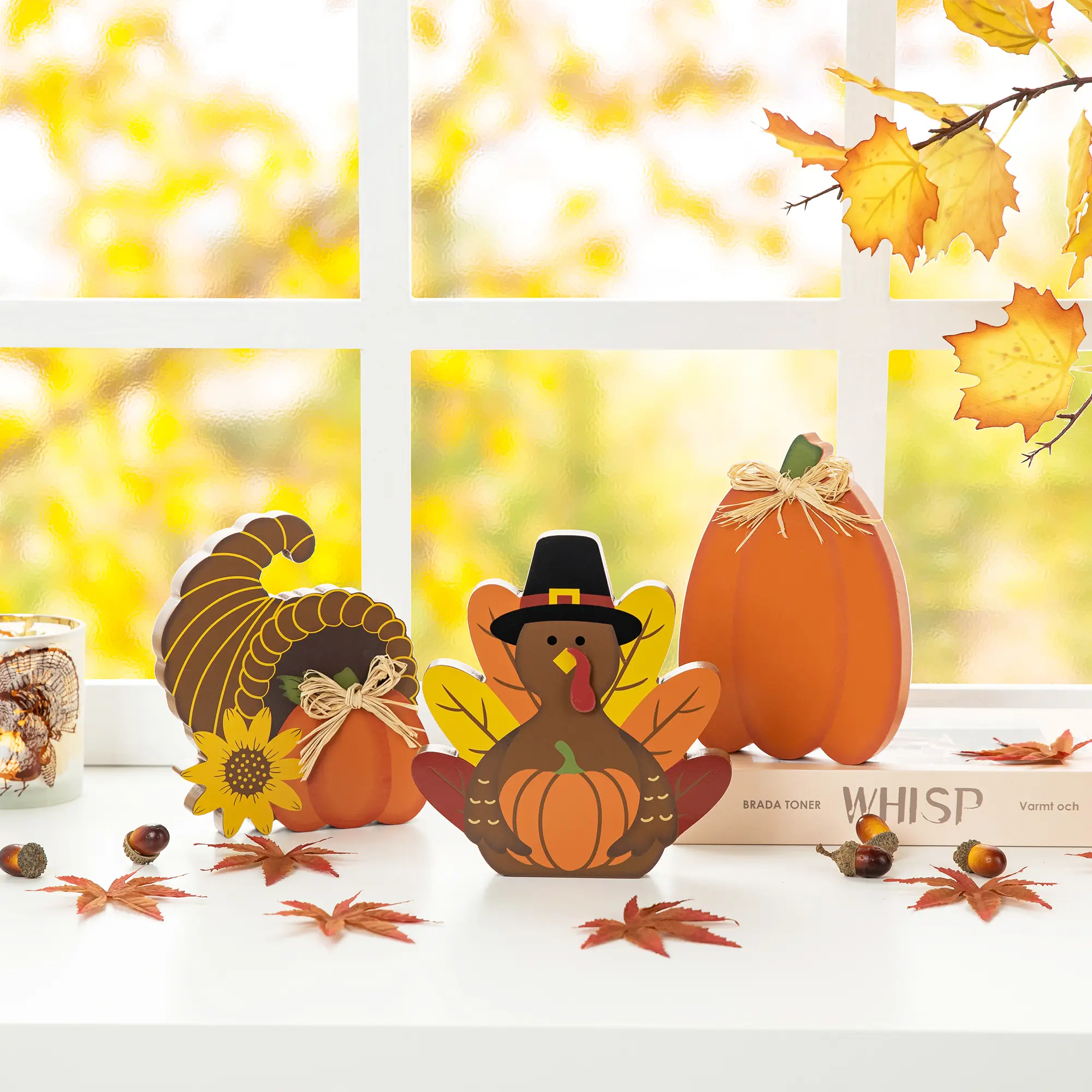 Glitzhome 7"H Set of 3 Standing Thanksgiving Wooden Decor - Pumpkin, Turkey, Croissant Pieces for Tabletop, Festive Home Gift