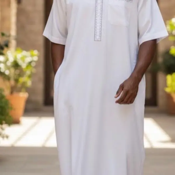 Jalabia Menswear White Traditional Arabic Thobe with Embroidered Details.