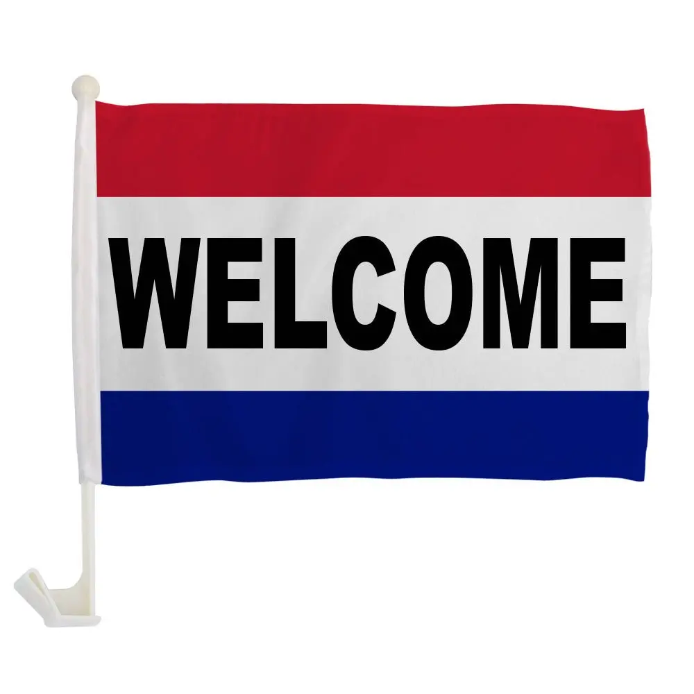 Flags Importer 12x16 in Single-Sided Synthetic Durable Welcome Flag - 17 in Clip-On Pole, Double-Stitched, Car Window Mount, All-Season Easy to Display, Automotive Interior Decor Accessory