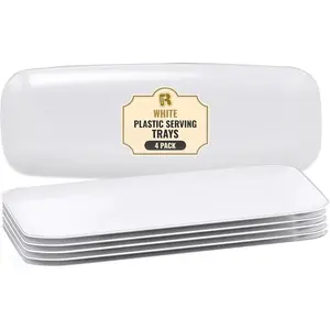 4 Pack White Plastic Serving Trays 17"x6.5", Rectangular Heavy Duty Dessert & Food Platters for Party, Holiday & Entertaining Supplies