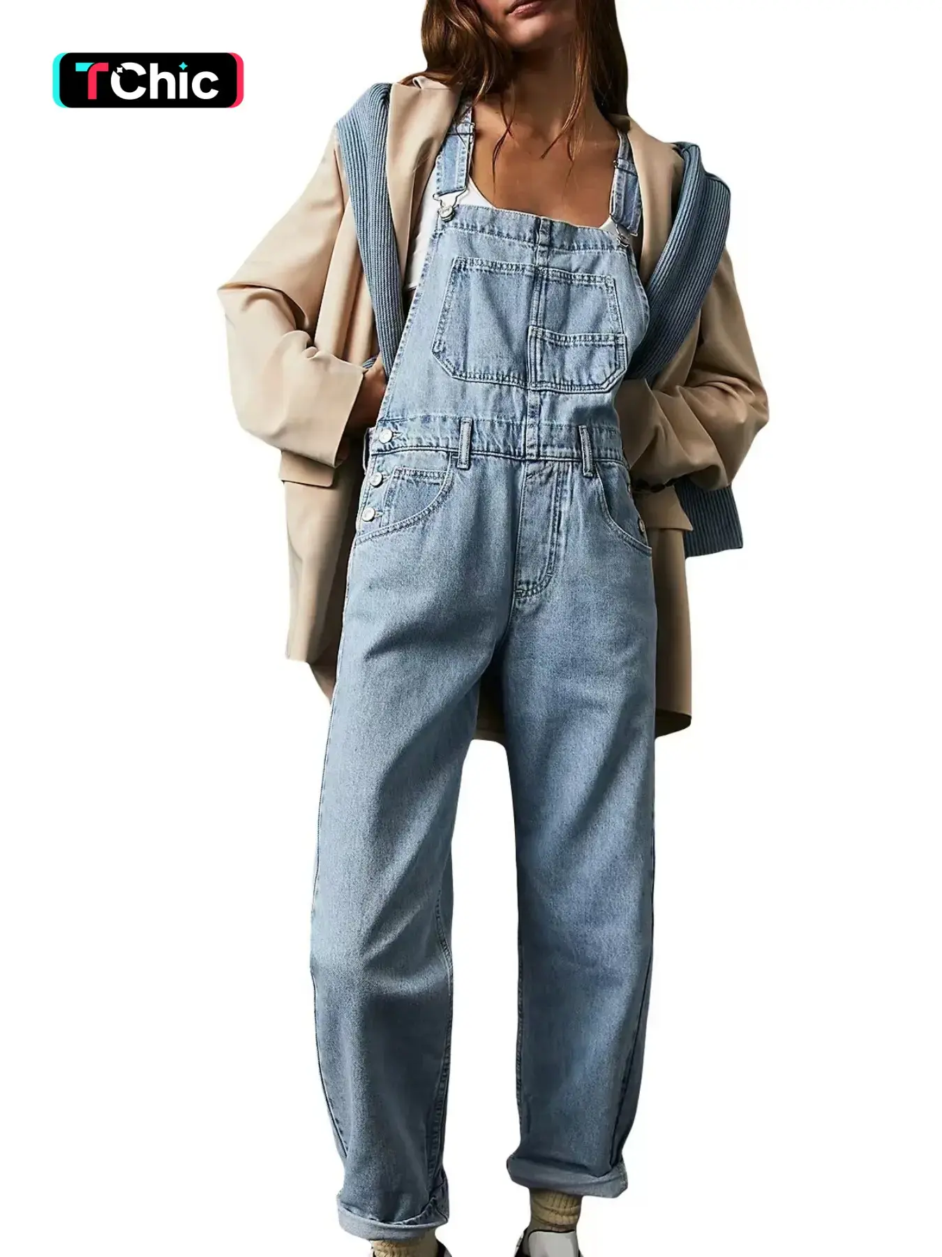 GILIPUR Women's Light Blue Washed Denim Long Overalls, Loose Fit Sleeveless Adjustable Straps Bib Overalls with Multi Front Pockets, Casual Vintage Streetwear Daily Commute Vacation Layered Outfits for Women TChic