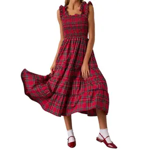 Women’s sleeveless summer casual checkered print ruffle A-line beach club party dress streetwear red green GARMENTARY