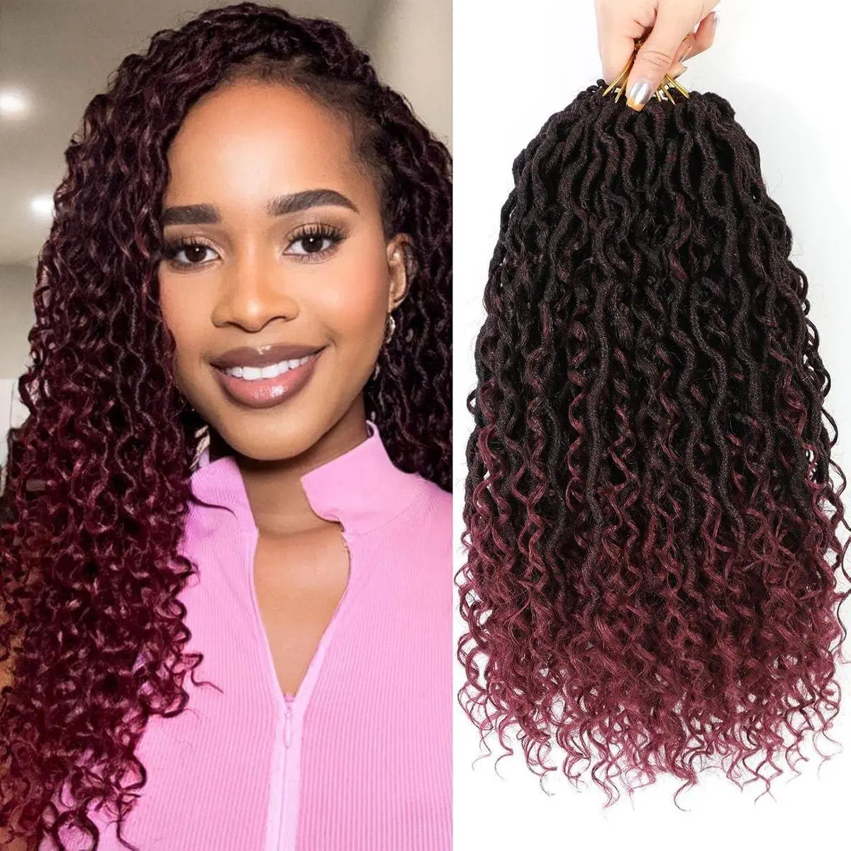14 Inch 8 Packs Goddess Locs Crochet Hair Ombre Burgundy Faux Locs Crochet Hair for Women Pre Looped with Curly Ends Synthetic (#TBUG)