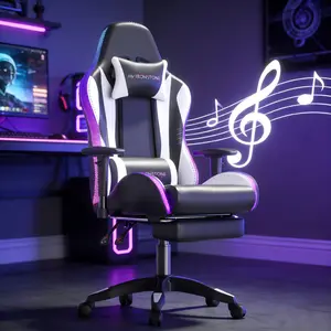 【New Version】Mr IRONSTONE Gaming Chair with Bluetooth Speakers and RGB LED Lights Ergonomic Massage Computer Gaming Chair with Footrest Video Game Chair High Back with Lumbar Support Blue Black