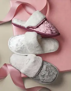 Velvet Slipper with Faux Fur Lining Round Toe Comfortable Stylish Mauve Ivory Grey Shades for Everyday Wear