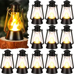 12 Pcs Mini Lantern for Centerpiece Western Wedding Decor 4 Inch Camping Decorative with LED Candle Vintage Hanging Lantern Ornaments Bulk for Cowboy Cowgirl Xmas Party Decoration (Black)