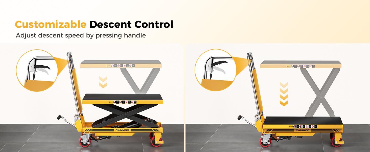 CAMMOO Foldable Hydraulic Lift Table Cart, 330lbs Capacity, 28.5" Lifting Height, Single Scissor Lift with Non-Slip Pad & Thickened Scissors Design for Material Handling and Transportation, Yellow