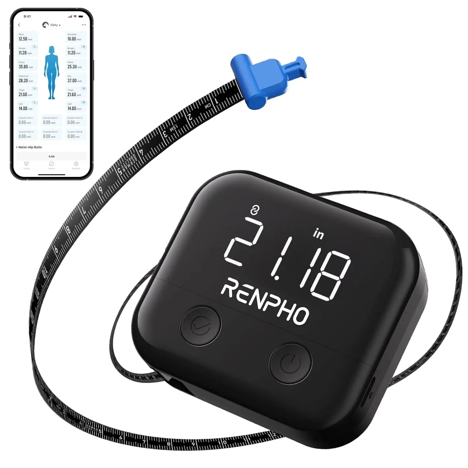 RENPHO Smart Body Measuring Tape for Weight Loss, Rechargeable, LED Display | Tracks Body Measurements for Fitness, Retractable, Multi-Metric Tracking, Gym Accessories, Workout Gifts, 60in /150cm