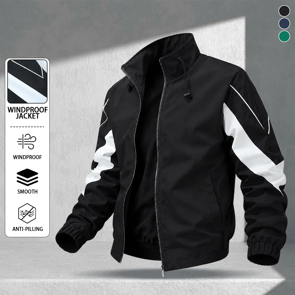 American 1990s retro racing-style stand collar windbreaker for men, featuring a symmetrical yet irregular wavy design, slightly loose drop-shoulder cut, versatile top suitable for fitness, commuting, and cycling across multiple occasions.