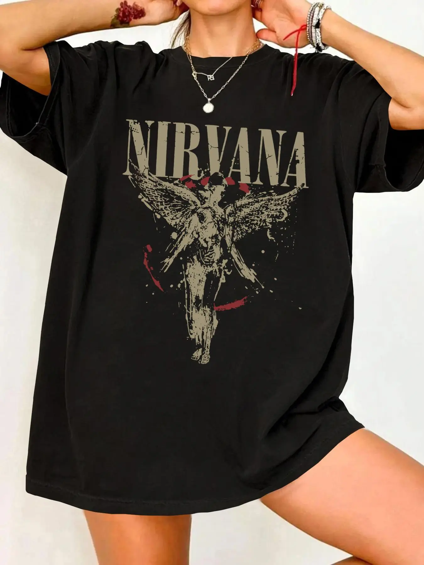 Women's Nirvana Print Round Neck Tee, Vintage Trendy Casual Oversized Loose Streetwear Figure & Angel Print Short Sleeve T-shirt for Daily Wear, Ladies Summer Outfit, Top