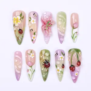 Press On Nails Ladybug with Bee | 3D Floral Fake Nails in Long Almond Shape | Handmade Spring Nail Art for Holiday, Vacation, Birthday, Gift