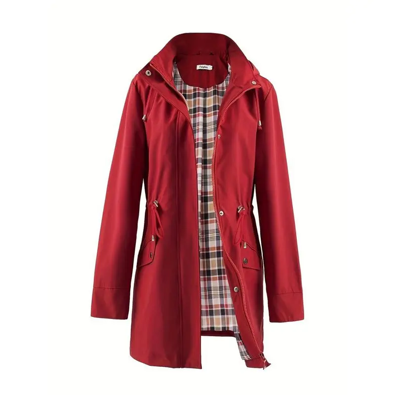 Women's Solid Hooded Jacket - Waterproof Windbreaker with Drawstring, Pockets, Buttons & Zipper, Long-Sleeve Tops for Spring Fall Everyday Casual Wear, Stylish Outfits