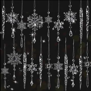 24 count Snowflake Icicle Ornaments Christmas Tree Decorations - Large   Indoor  Decor Set for Xmas Winter Themed Wonderland Party