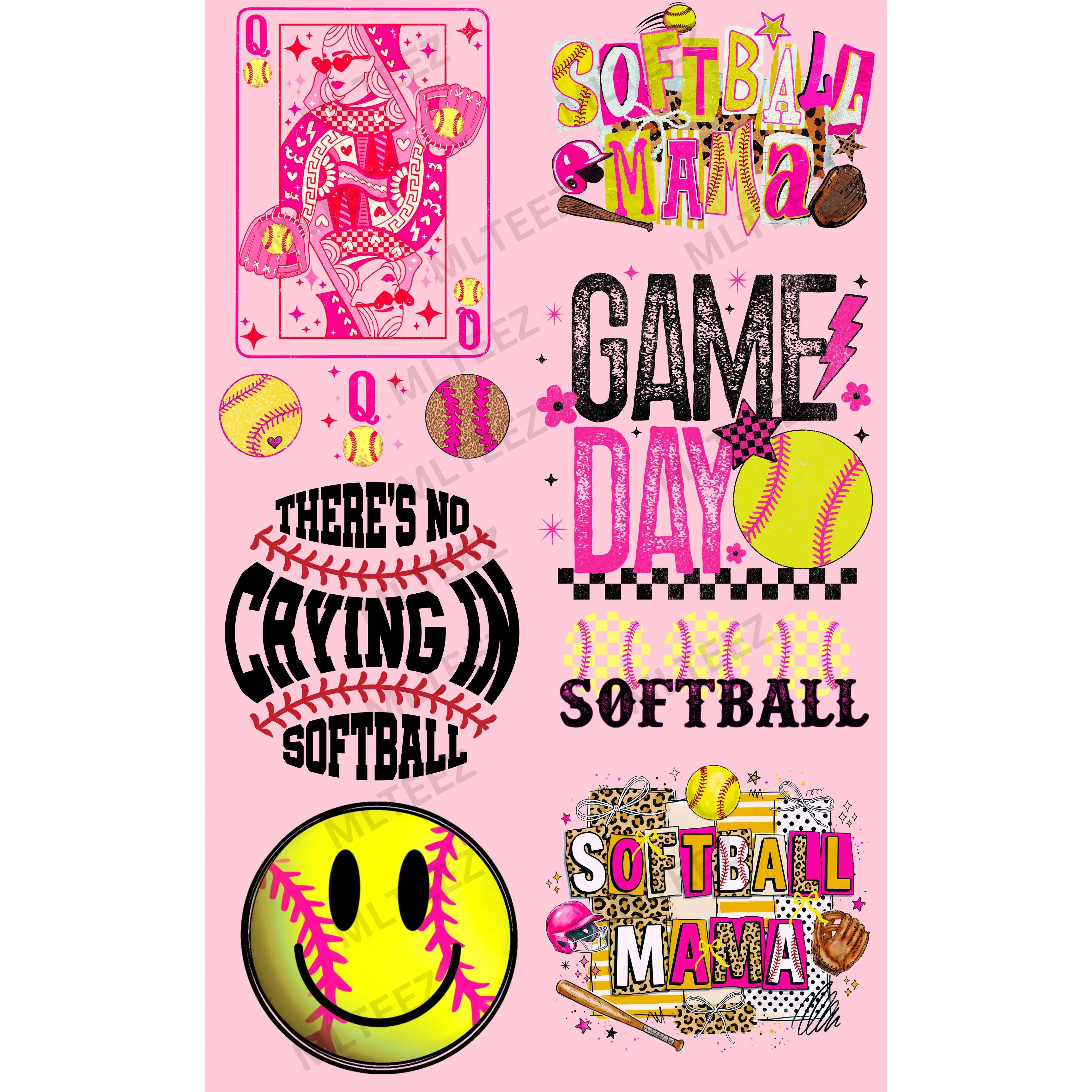 SOFTBALL (6) PREMADE GANGSHEET - 22X36 DTF TRANSFERS - DIRECT TO FILM