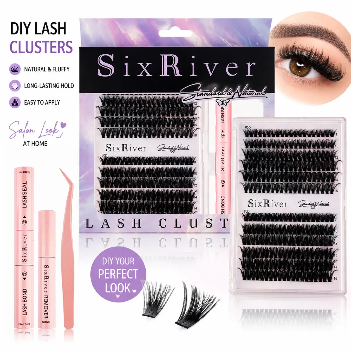 Lash Clusters Extensions Kit  60D 80D Curl Mixed Length 8-16mm, DIY Eyelash at Home for Natural Makeup  Individual Fluffy Lash Clusters, Lightweight Waterproof Lashes for Natural Look