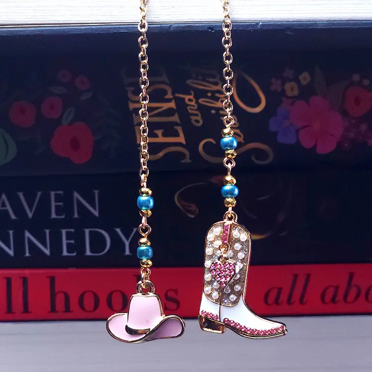 Cowgirl Chain Bookmark with Gold Hat & Boot Charms Pink Heart Accent Handmade Western Flair 14" Total Length Book Lover Gift
