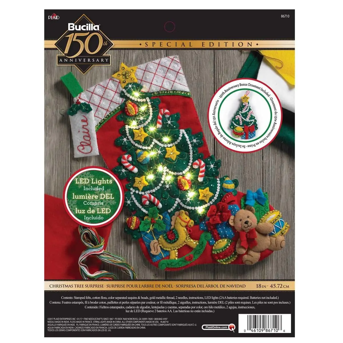 Bucilla® Traditional Felt Christmas Stocking Kit - Colorful Christmas Tree Surprise with Lights, Cotton Decor Gift, Model 86710