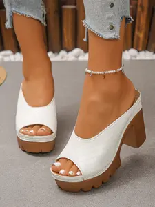 Summer New Chunky Heel Fish Mouth Sandals Women, Thick Sole Waterproof Platform Slip-On High Heels, Vintage Plaid Fashion Shoes