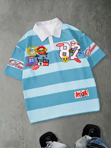 Men's Striped Digital Print Graphic Polo Shirt, Retro Sports Jersey Style Short Sleeve Tee, Streetwear Casual Top #DigitalPrintPolo #RetroJerseyStyle #StripedGraphicTee #StreetwearPolo #TikTokMadeMeBuyIt