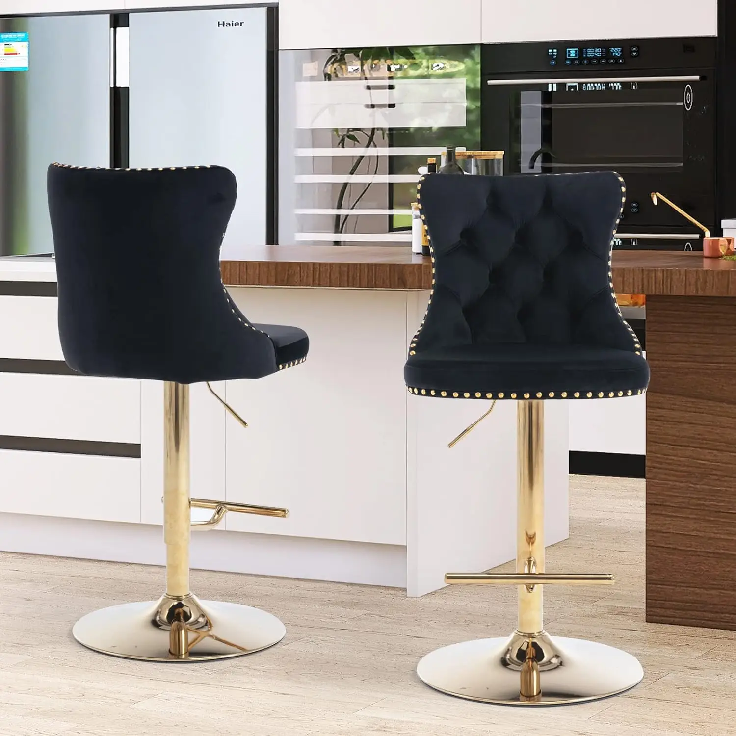 Adjustable Swivel Bar Stools with Metal Leg, Button Tufted, Footrest, Counter Height Chair for Kitchen, Bar, Dining Room - Set of 2 bar stool