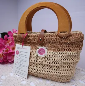 Aloalo Handmade Desert Drift Purse - Casual Vacation Style with PU Leather & Wooden Handles - See-Through Crochet Design - 11.5" x 9.5" x 4.5"