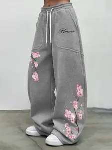 Women's Ultra-Loose Wide Leg Pants with Plum Print, Strong Drape, Free Movement, Casual Fitted Style, All Seasons, Home Relax, Commute, Streetwear