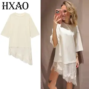 HXAO Lace Oversized T-Shirt Summer Autumn Female Y2K Off White Short Sleeve Top Women Plus Size Long T-Shirt Chic Streetwear Top