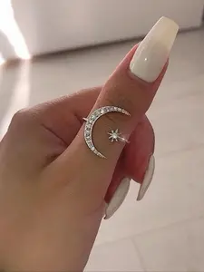 Sparkling Zircon Decorated Rings for Women with Moon & Star Design, Copper Inlaid Zircon, Sparkling Zircon Inlay, Fashion Jewelry for Party, Daily Decor, Birthday Gift Ring