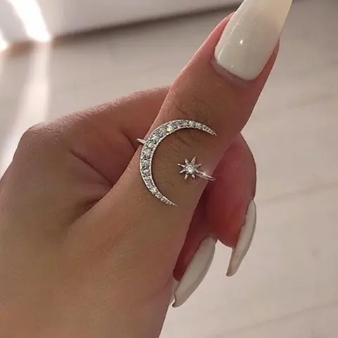 Sparkling Zircon Decorated Rings for Women with Moon & Star Design, Copper Inlaid Zircon, Sparkling Zircon Inlay, Fashion Jewelry for Party, Daily Decor, Birthday Gift Ring Beautiful Rings
