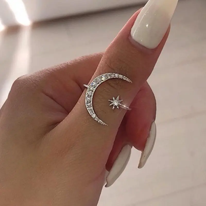 Sparkling Zircon Decorated Rings for Women with Moon & Star Design, Copper Inlaid Zircon, Sparkling Zircon Inlay, Fashion Jewelry for Party, Daily Decor, Birthday Gift Ring Beautiful Rings