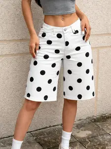 Summer Versatile High-Waisted Polka Dot Denim Five-Panel Pants, Lazy Chic Casual Vacation Style, Not Picky About Body Type or Top