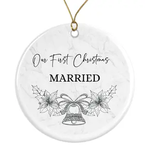 First Christmas Married Ornament - Wedding & Newlywed Gift - Marble Christmas Bell for Couple - First Holiday Keepsake Ceramic Ornament -  - 3 Inch Christmas Tree Round Ornament - Xmas Holiday Decor - String Included - ORNW0289