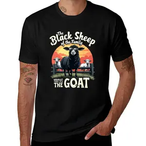 100% Cotton Men's T-shirt,"The Black Sheep of the Family Becomes The GOAT" T-Shirt, Cool Sheep with Sunglasses Graphic Tee, Casual Retro Sunset Farm Animal Shirt, Funny Novelty Top for Men and Women