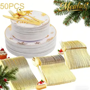 50-Piece Christmas Elegant Plastic Plates Set, Christmas Letters, Holiday Party Supplies, Includes Dinner Plate & Salad Bowl