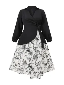 Plus Size Women's Asymmetrical Patchwork Two-Piece Floral Print Shirt Dress, Casual Wear, Casual Fashion Long Sleeve Summer, Asymmetrical Hem Dress, Womenswear