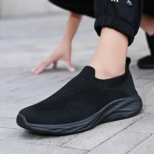 Extra large size all-black sock shoes for men, summer breathable 48 mesh shoes, lightweight slip-on 47 loafers, casual sports shoes