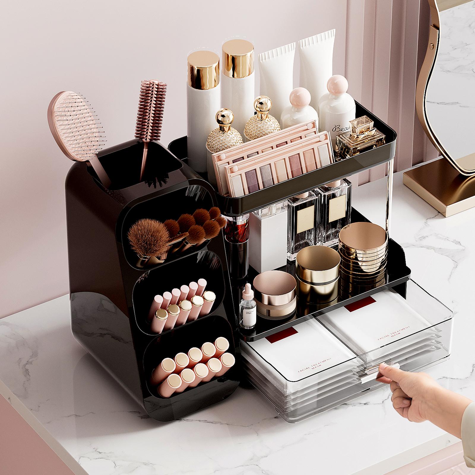 UFORU  Makeup Organizer with Multi-Compartment Brush Holder, 3-Tier Vanity Storage Shelf with Clear Drawer, Cosmetic & Skincare Organizer for Bathroom Counter, Bedroom Dresser & Desktop, Mother's Day Gift